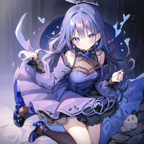 Attractive face、Chibi、royal blue background、Black clothes、Long sleeves with flared cuffs、Shoulders are exposed、One piece flare skirt、Rabbit with stuffed toy、Black and royal blue palette、Gothic Shoes、Positive、Black Rose、🌙、Perfect Anatomy、heart、🌸🌸、Floral orn...