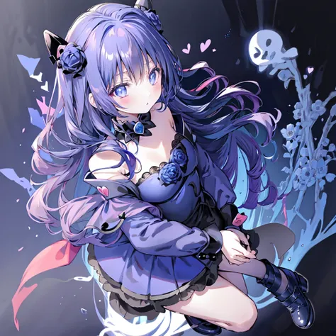 Attractive face、Chibi、royal blue background、Black clothes、Long sleeves with flared cuffs、Shoulders are exposed、One piece flare skirt、Rabbit with stuffed toy、Black and royal blue palette、Gothic Shoes、Positive、Black Rose、🌙、Perfect Anatomy、heart、🌸🌸、Floral orn...