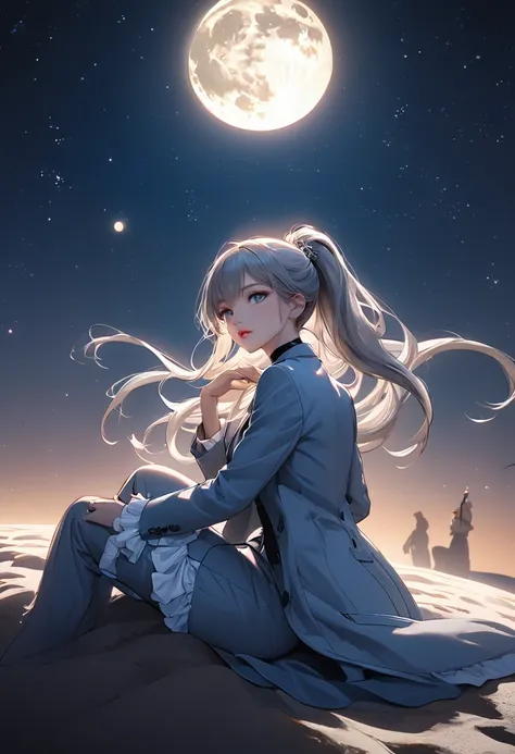 a beautiful detailed Young woman, sitting on a crescent moon, silhouette, crescent moon like DreamWorks, sitting on the ring of moon, on the moon, in the sky, Grey eyes, Platinum hair, blue shine, white moon, beautiful night sky, 3rd person pov, from a dis...