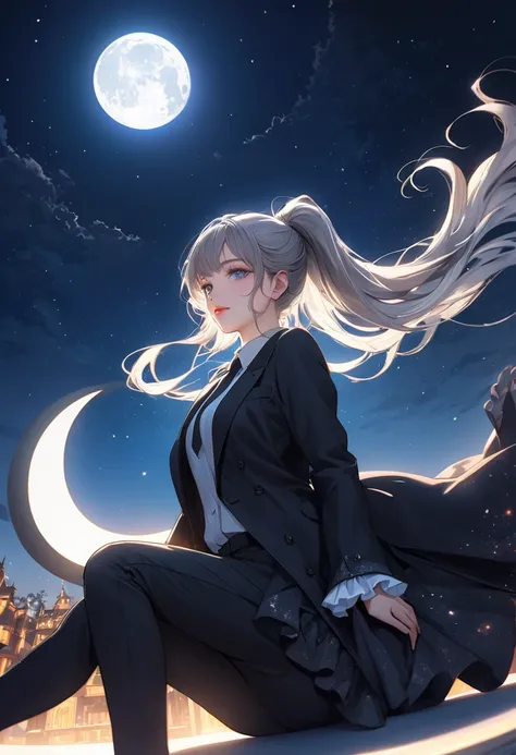 a beautiful detailed Young woman, sitting on a crescent moon, silhouette, crescent moon like DreamWorks, sitting on the ring of moon, on the moon, in the sky, Grey eyes, Platinum hair, blue shine, white moon, beautiful night sky, 3rd person pov, from a dis...