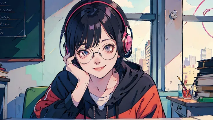 anime　girl　Black Hair　Glasses　smile　Study at a desk　Headphones　Short