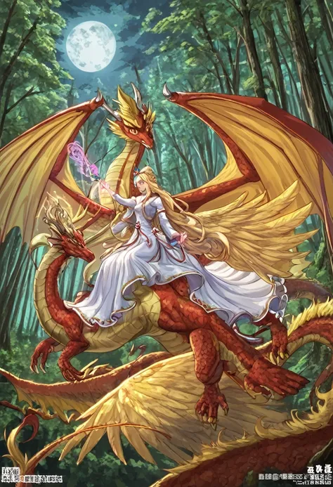 Princess (blonde hair, wearing a long dress, holding a magic wand), background (forest, moon), Chinese dragon (one, five-clawed golden dragon, two wings), princess riding a dragon  