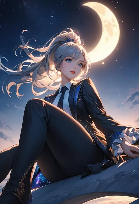 a beautiful detailed Young woman, solo focus, sitting on a crescent moon, silhouette, crescent moon like DreamWorks, sitting on the ring of moon, on the moon, in the sky, Grey eyes, Platinum hair, blue shine, white moon, beautiful night sky, 3rd person pov...