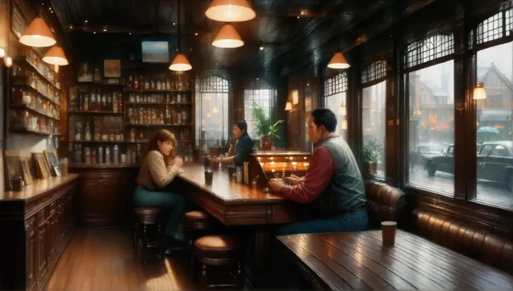 A cozy lofi cafe interior, warm lighting, comfortable furniture, barista making coffee, people sitting and chatting, potted plants, bookshelf, jazz music playing softly, antique wooden table, chalkboard menu, window view of rainy city street, (best quality...