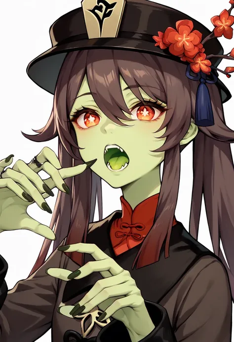 HuTao, long hair, bangs, brown hair, red eyes, hair between eyes, twintails, sidelocks, symbol-shaped pupils,Skin of color，Green Skin，Black hair，Sharp nails，Green nails，Green Skin，Black clothes，Green Skin，whole body，Green Skin，Green Skin，Black hat，Green Sk...