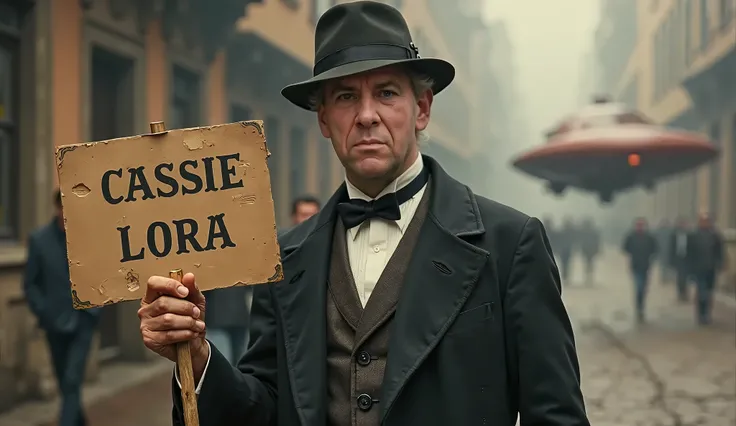 (intricate details, masterpiece, best quality:1.4), photo real, an old Victorian man with a very smart suit and a Peekie blinders Cap, he is carrying a sign that says,  CASSIE LoRA in old English Text, there is a space ship in the background 