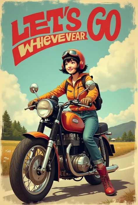 smileで黒髪ショートカットの美しく可愛い日本人女性, helmet、goggles、gloves、jeans、boots、Loading up on luggage, riding on a Super Cub with block tires.。(Above her head in capital letters is written: LET&#39;S GO WHEREVER YOU WANT TO GO)、Rural Scenery、High resolution,smile, far and ...