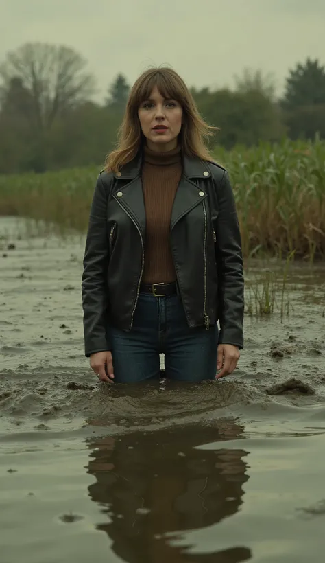 70s aesthetics, vintage grainy 70s setting old film photo, vintage filter, woman in leather jacket and jeans and turtleneck, middle aged, desperately sinking into the sticky mud swamp, 70s setting, duckweed, pollution, silty, Realistic, photoRealistic, hyp...