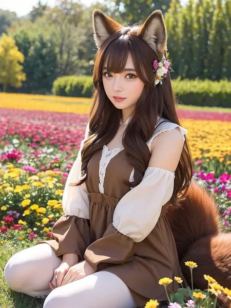 Fox, (Monster Girl), With long brown ears、The inside is dark brown, Brown fur, Tan neck hair, Brown fluffy tail with tan tip, Big brown eyes, Modest clothing, Sitting in a flower field, masterpiece, Best Quality