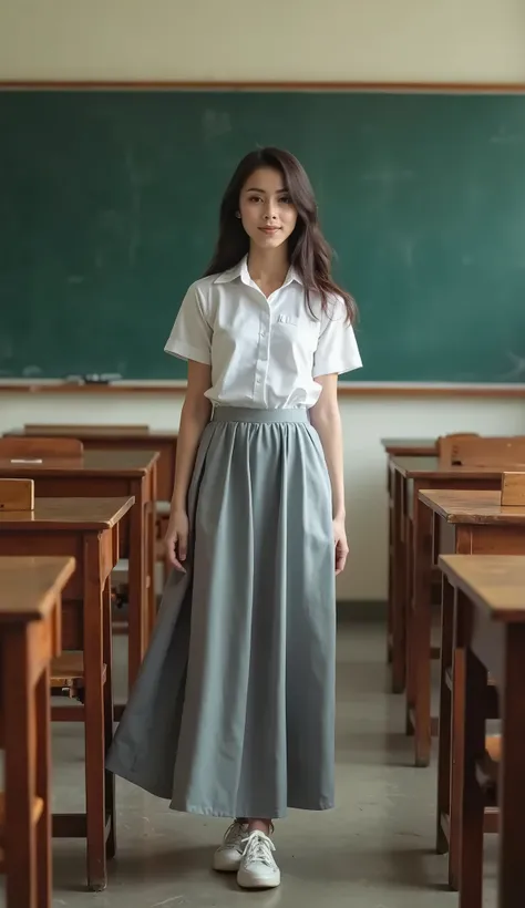 arafed asian woman in a long skirt posing in a classroom, girl wearing uniform, indonesian girl, gorgeous young indonesian woman, beautiful indonesia woman, beautiful young indonesia woman, beautiful asian girl, wearing school uniform, anime indonesian gir...