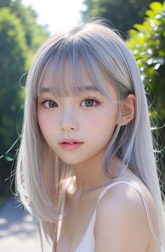 Pure white skin、Silver hair、bangs、Shadow on the eye、Asian、Beauty、High image quality、cute、Girl、Primary school students、beautiful、naked、whole body