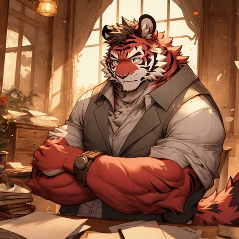 (red fur:1.4) tiger furry with black stripes sits at a desk, writing with a pen on paper. The creature has a muscular build and is dressed in clothing that reflects a writer’s style, a loose, comfortable shirt with rolled-up sleeves and a vest. Its express...