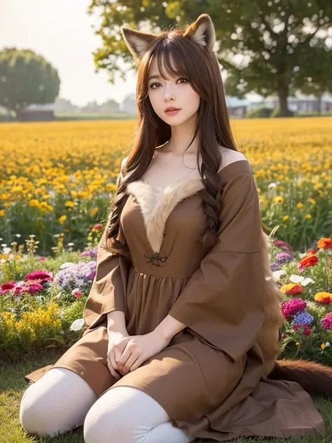 Fox, (Monster Girl), With long brown ears、The inside is dark brown, Brown fur, Tan neck hair, Brown fluffy tail with tan tip, Big brown eyes, Modest clothing, Sitting in a flower field, masterpiece, Best Quality