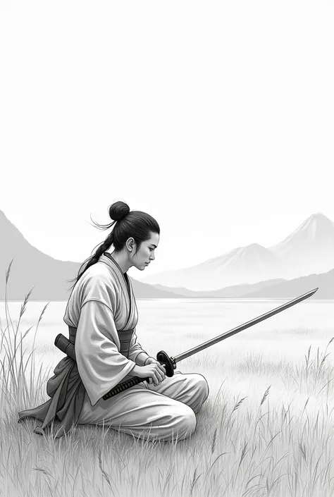 

Samurai kneeling in a serene field, wearing a traditional kimono, holding a sword horizontally on his knees. The drawing is made with fine pencil strokes in the manga style.. The samurai&#39;s face is calm and focused, with her hair tied up in a traditio...