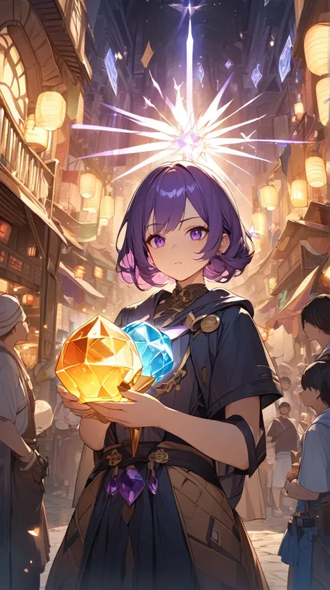 One Girl、Serious expression、Short purple hair、Posing with a magical artifact、Determined Eyes BREAK Market Center、(Mysterious Light):1.4、Dark shades、A tense atmosphere、Magic Items、A Taste of Adventure BREAK Ancient Relics、Shining Jewels、Mysterious Merchant、...