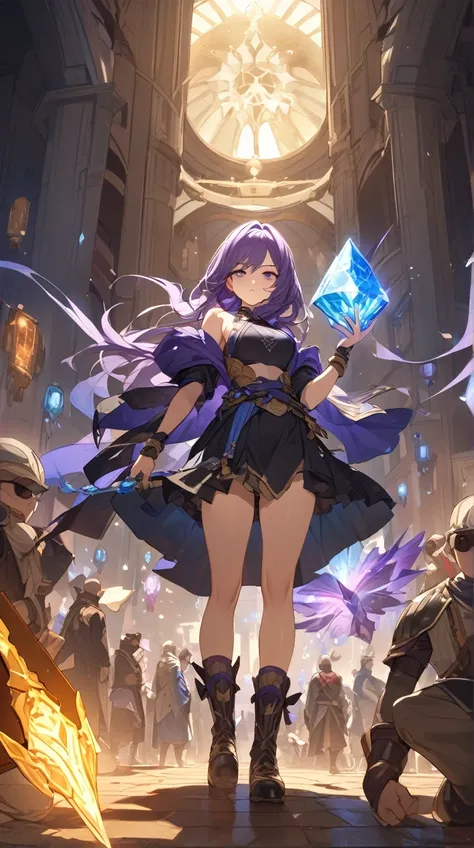 One Girl、Serious expression、Short purple hair、Posing with a magical artifact、Determined Eyes BREAK Market Center、(Mysterious Light):1.4、Dark shades、A tense atmosphere、Magic Items、A Taste of Adventure BREAK Ancient Relics、Shining Jewels、Mysterious Merchant、...