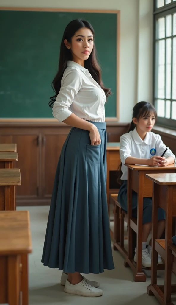 arafed asian 30 yo woman in a long skirt posing in a classroom, girl wearing uniform, indonesian girl, gorgeous big chest upper breast young indonesian woman, beautiful indonesia woman, beautiful young indonesia woman, beautiful asian girl, wearing school ...