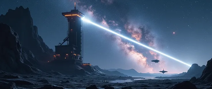 A futuristic space lighthouse installed on an asteroid、A ray of light stretches from a lighthouse in the darkness into space、Futuristic Design、Two spaceships float、Galaxy、Real Image、High image quality、
