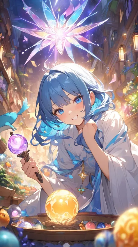 One Girl、A radiant smile、Long Blue Hair、Colorful Robes、Magic wand in hand、A happy attitude、Curious Eyes BREAK Bustling Market、(Fantastic Light):1.3、Colorful products、Magical Energy、Vibrant atmosphere、Dream-like space BREAK Magic potion、Floating Fruit、Lumin...