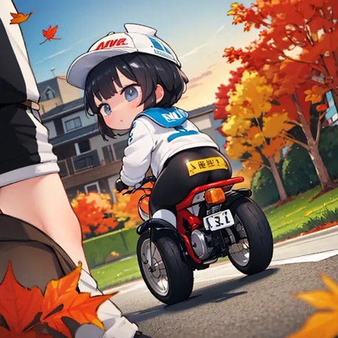 masterpiece，high quality，highest quality，little mascot girl, rear view of a female racer racing on a road bike, black hair，semi-...