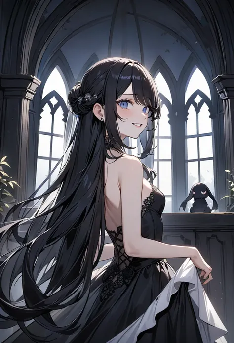 (masterpiece, top quality, very aesthetic, 4k、illustration), (beautiful woman)、,(gothic Horror dark fantasy atmosphere),intricate detail, 1woman,solo,(dramatic)、looking back (stand ),(swept bangs)、(long hair)、,(upper body)、cute women、droopy eyes、(clear smi...