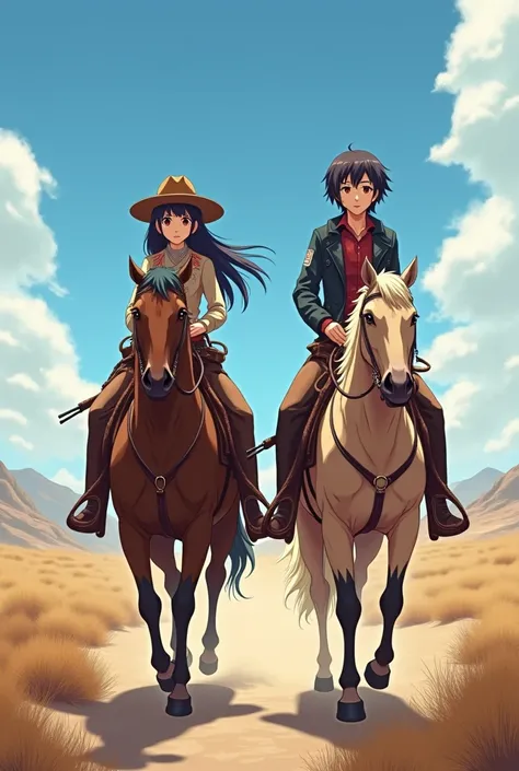 anime、Mother and daughter look like they&#39;re in a Western movie, with guns strapped to their hips。Two-gun horse riding。