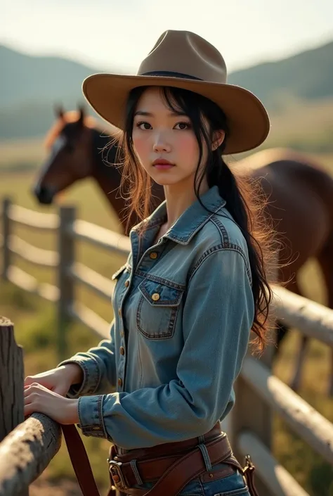 documentary photo, photo-realistic, ultra-realistic, 20 years old Japanese girl, cowgirl, She feeds the horses, wearing cowboys costume, 