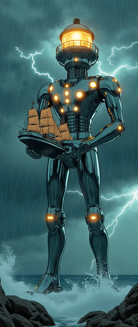 (masterpiece:1.2,Superior Quality,Mirror finish,Cinematic Experience,Best illustrations:2.0),8k,wallpaper,(A bipedal lighthouse robot lights up the ocean:2.0),(The robot is holding the ship in both hands.:2.0),(The background is heavy rain and lightning:2....