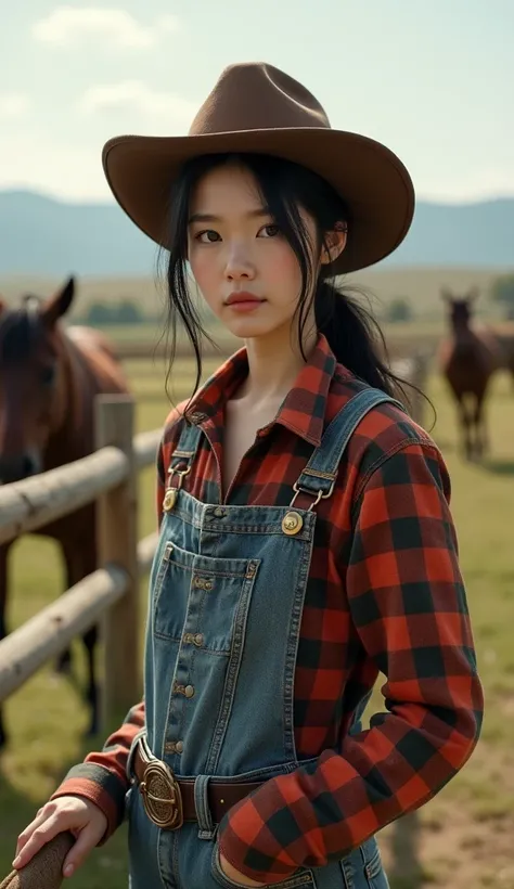 documentary photo, photo-realistic, ultra-realistic, 20 years old Japanese girl, cowgirl, She feeds the horses, wearing cowboys costume, 