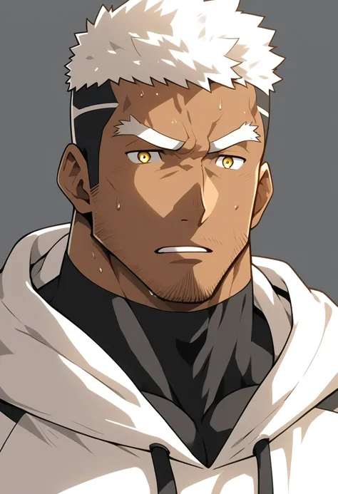 negro, anime characters：Gyee, Young Muscle Sports Sexy Teacher, sweat, negro black skin, Manliness, male focus, milky White long-sleeved hooded sweatshirt, Wear a black high-necked tights inside, Very tight, muscular male, muscular, only, Upper body, White...