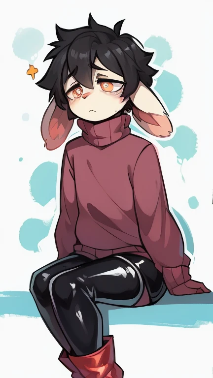 (empty), ((masterpiece)) , ((best quality)), illustration, 
 boy, shorts, sweater with long sleeves and ears, drooping ears, Bored expression, Bright Eyes,  rubber boots, black tights, Cute, account, black hair ,weak,