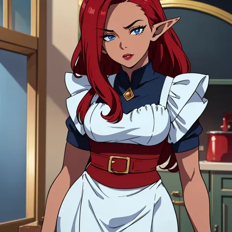 ((ultra quality)), ((Masterpiece)), ((8K)), ((elf house worker)), ((long red hair)), (Beautiful face), (Dark lips), charming, ((sexy facial expression)), looks at the camera, eyes closed a little, (skin color dark blue), (dark blue skin), glare on the body...