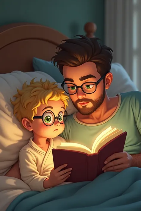 Créer une image dun jeune garçon aux cheveux blonds et aux yeux verts avec des lunettes rondes. Il est en pyjama sur son lit. Son papa aux cheveux bruns avec des lunettes lui lit une histoire