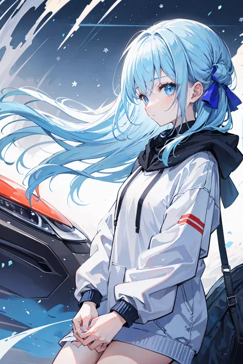 1girl,light blue hair,blue eyes,hair ribbon,blue and white hoodie,winter,looking at viewer,profile picture, Eye-Level Shot