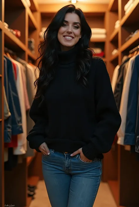 masterpiece, best quality, (photorealistic:1.4), full body, (dressed in jeans and black turtle neck oversize sweater she is standing in her closet. big closet with lots of clothes and shoes cinematic light, beautiful woman, skinny, big large breasts, black...