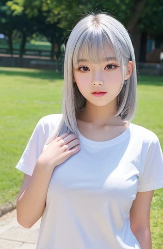 Pure white skin、Silver hair、bangs、Shadow on the eye、Asian、Beauty、High image quality、cute、Girl、Primary school students、beautiful、Large Breasts、The background is a park、The clothes are white and thin T-shirts、Beautiful breasts