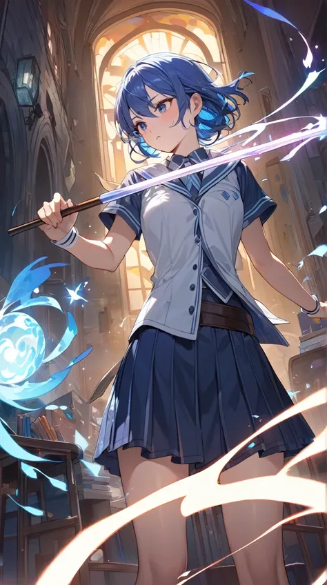 One Girl、Serious expression、Short blue hair、Pose with a practice stick、Eyes filled with determination BREAK Magic Classroom、(Dynamic Light):1.4、Bright colors、A tense atmosphere、Magical Energy、A hint of adventure BREAK In the classroom、Floating magic items、...