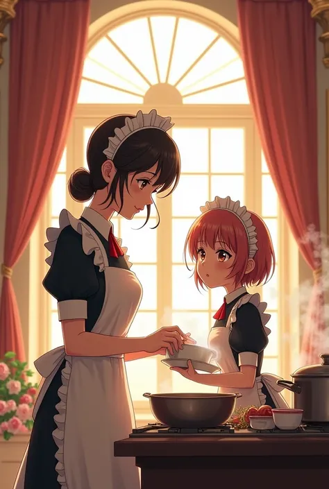 Anime mother and daughter maid cooking in the mansion