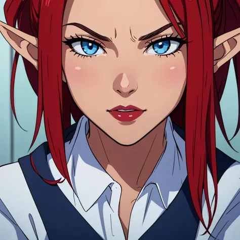 ((ultra quality)), ((Masterpiece)), ((8K)), ((elf house worker)), ((long red hair)), (Beautiful face), (Dark lips), charming, ((sexy facial expression)), looks at the camera, eyes closed a little, (skin color dark blue), (dark blue skin), glare on the body...