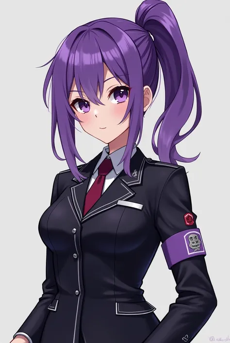 a cute and beautiful girl. She has middle length purple hair tied into a side ponytail, as well as purple fingernails. When shes off the clock she wears a variety of purple-colored dresses as casual wear and when shes serious she wears a black skirted mili...