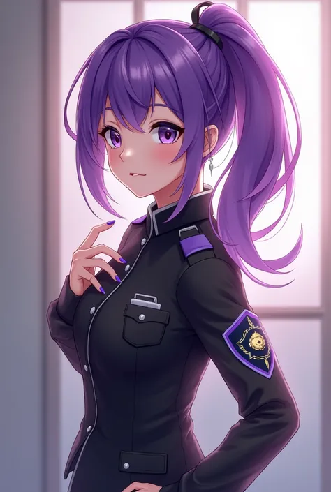 a cute and beautiful girl. She has middle length purple hair tied into a side ponytail, as well as purple fingernails. When shes off the clock she wears a variety of purple-colored dresses as casual wear and when shes serious she wears a black skirted mili...