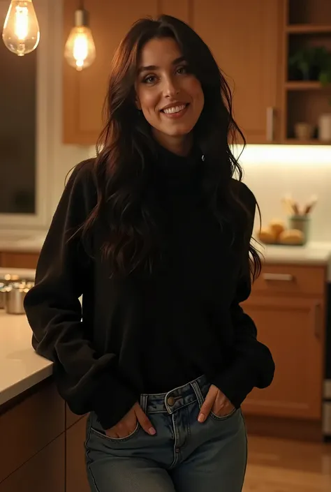 masterpiece, best quality, (photorealistic:1.4), full body, (dressed in jeans and black turtle neck oversize sweater she the big modern kitchen, night,  cinematic light, beautiful woman, skinny, big large breasts, black wave hair, detailed face, smile, fac...