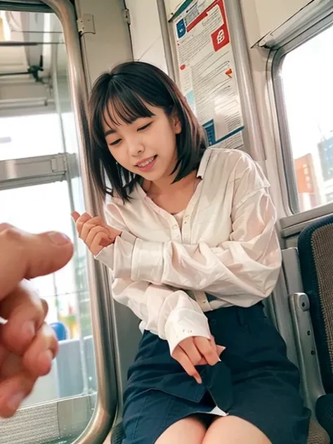 Vibrator prank On the train、On the trainで女性,Leaned forward.,(She closes her eyes),She yawns,　There are many passengers around、crowd、The view outside the window、Hand holding a pink remote control out of frame,She wants me to stop using my vibrator,Look here...