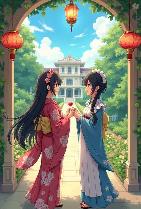 Anime Elementary school girl and her maid Elementary school girl A birthday party in the garden of a large mansion The girl has long black hair and is wearing a Japanese kimono The maid has braids