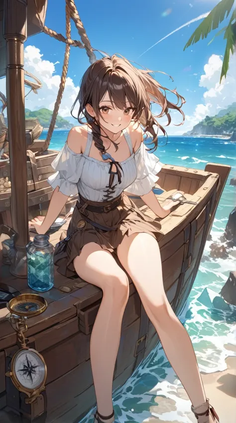 One Girl、Adventurous look、Short brown hair、Pirate Outfit、Compass in hand、Happy eyes BREAK The sea spreads、(Bright light):1.2、Blue Sky、Gentle breeze、Anticipation of adventure BREAK Pirate ship deck、Smiling with friends、An island visible in the distance、Trea...