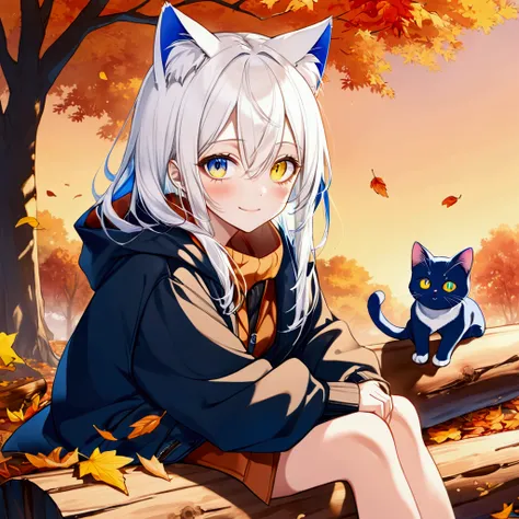 best quality , ultra detailed , highres ,anime style ,One woman,long whitehair, ((heterochromia,yellow right eye,blue left eye)),cat ears, autumn,smile,sitting on log,outdoor,orange sky,evening,fallen leaves,duffel coat,