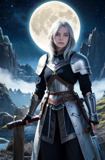 Giant wolf from Norse mythology、Fenrir、Silvery coat。Fenrirの背中に、A 20-year-old woman of Northern European descent is on board.。Silver hair bob cut、blue eyes、Silver medieval armor。Medieval knight holds、Carries a decorated long sword。The background is the nigh...