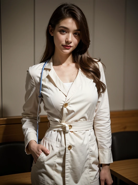 (SFW), (Wide shot), A beautiful woman, (1girl, solo, 23yo), in a white doctor suit, with a stethoscope, in (private hospital, luxurious Wardroom:1.3). (eyes to camera, looking at viewer, smile warmly), High quality image, masterpiece, detailed hair texture...