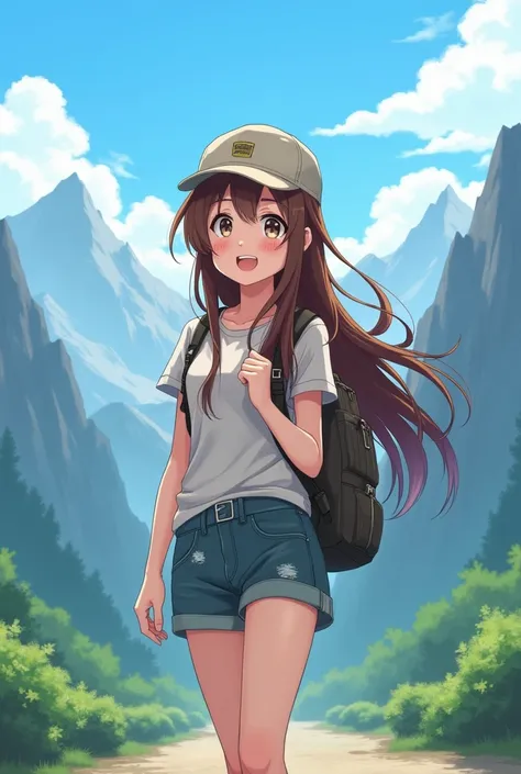  anime style travel girl with long brown hair, smile , with a backpack, full length, against the backdrop of mountains