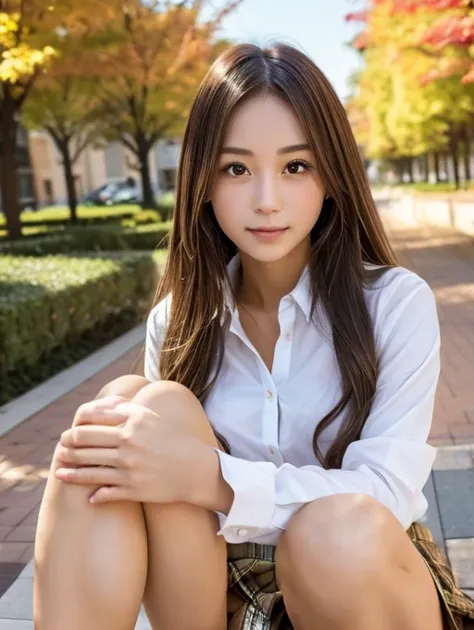 (((Alone))),(((1 girl))), beautiful, shape, Highly detailed skin, masterpiece, Please redeem, Highly detailed face, Vibrant colors, Written boundary depth, Cinema Lighting,, One Girl, Alone, Brown eyes, Brown Hair, Long Hair,Green Check Skirt,, White Shirt...